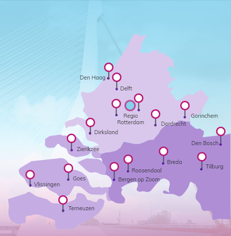 Regio overzicht van 19 samenwerkende ziekenhuizen in het longkankernetwerk